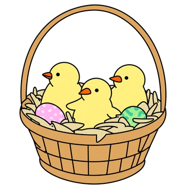 Three fluffy yellow chicks with soft feathers are peeking out from a round woven Easter basket. The basket is filled with light brown hay, creating a cozy nest for the chicks. Each chick has bright, curious eyes and tiny beaks, appearing playful as they look around. The basket has a light brown handle arching over the top, and a few colorful, decorated eggs in various pastel colors are nestled among the hay. The scene is bright and cheerful, capturing the essence of a festive Easter moment.