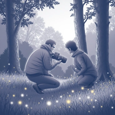 A photographer is crouched in a lush, green forest during dusk, focusing intently through the lens of a professional camera. The surrounding area is filled with a cluster of fireflies emitting their soft, glowing light in the warm evening air. The photographer is wearing a lightweight jacket and has an expression of concentration. In the background, tall trees with detailed bark and dense foliage frame the scene, while scattered wildflowers dot the ground, adding texture to the underbrush. The soft illumination from the fireflies casts gentle shadows, creating a magical atmosphere in the wild.