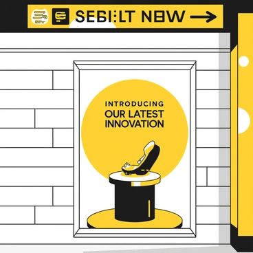 A subway advertisement is displayed prominently on a wall inside a train station. The ad features a large black-and-yellow logo of a corporate brand centered at the top. Below the logo, there is an image of the new product, which is sleek and modern in design. The product is positioned on a minimalist black pedestal, with a yellow spotlight highlighting its features. Text in bold black letters reads "Introducing Our Latest Innovation" and "Available Now," drawing attention to the product launch. The background of the ad is a simple white, allowing the brand and product to stand out distinctly.