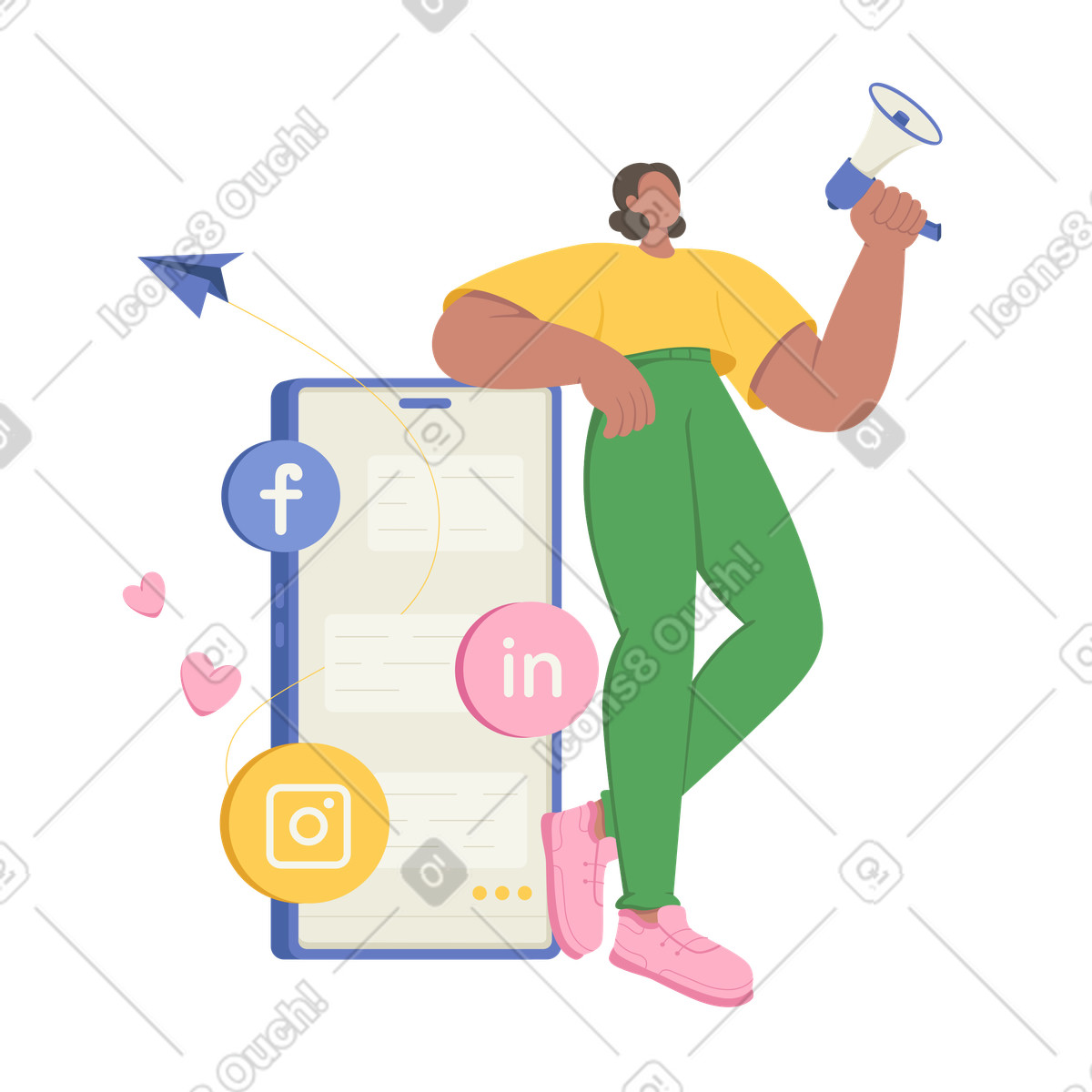 Social 스타일의 확성기와 전화 근처 여자 애니메이션 일러스트레이션 GIF, Lottie(JSON), AE로 다운로드