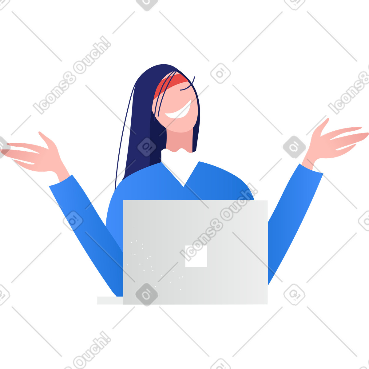 下载 Clip 风格的 快乐的女人坐在电脑前，双臂张开 插画，支持 PNG、SVG 格式