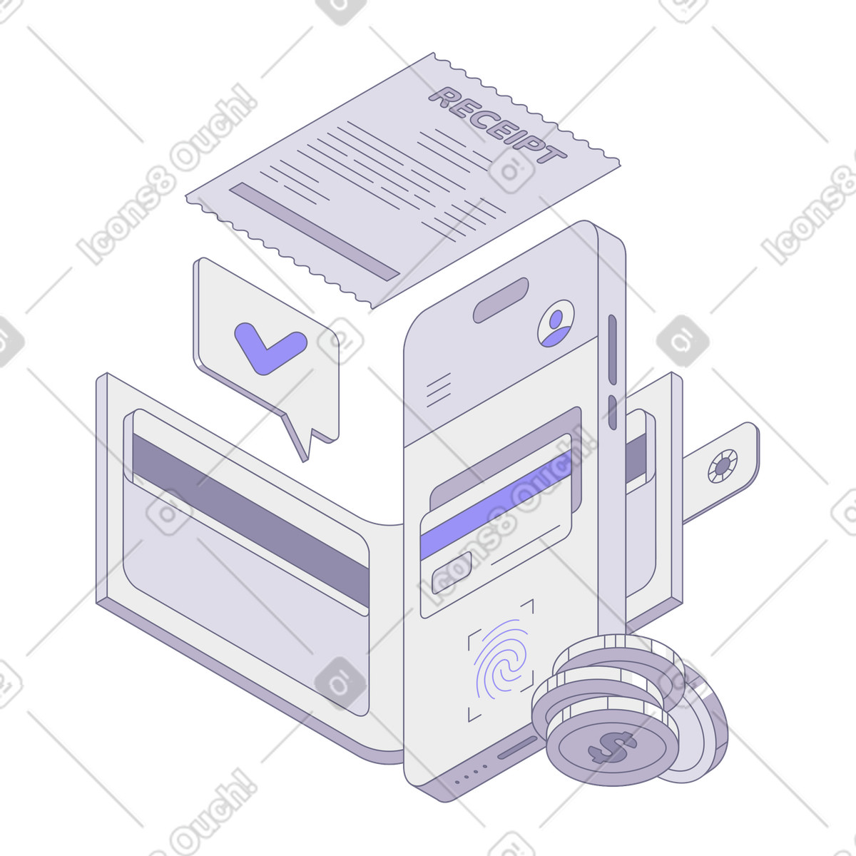 Mobile wallet interface with fingerprint scan, Secure online payment solutions-Illustration im Modul-Stil als Download in PNG, SVG