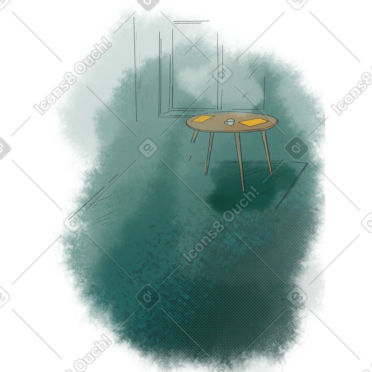 Sketch of a table by the window on green watercolor background illustrazione in stile Moments scarica in PNG, SVG