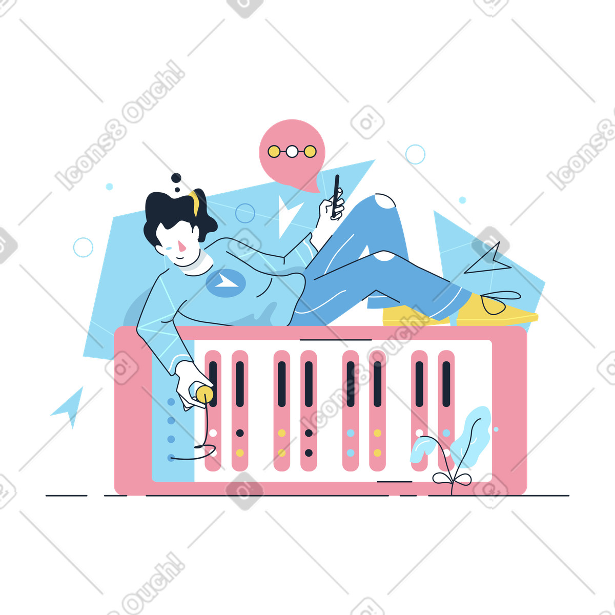 Man performs system maintenance of the device from a phone illustration in Work Hard style download in PNG, SVG