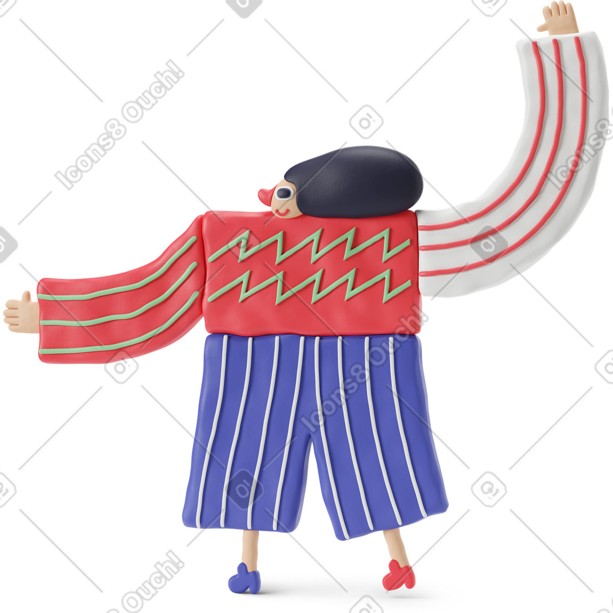 下载 3D Stripy 风格的 举手站立的黑发女人 插画，支持 PNG、SVG 格式