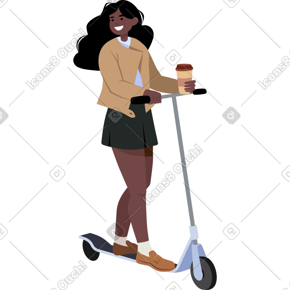 Girl with a cup of coffee on scooter illustration in Lagom style download in PNG, SVG