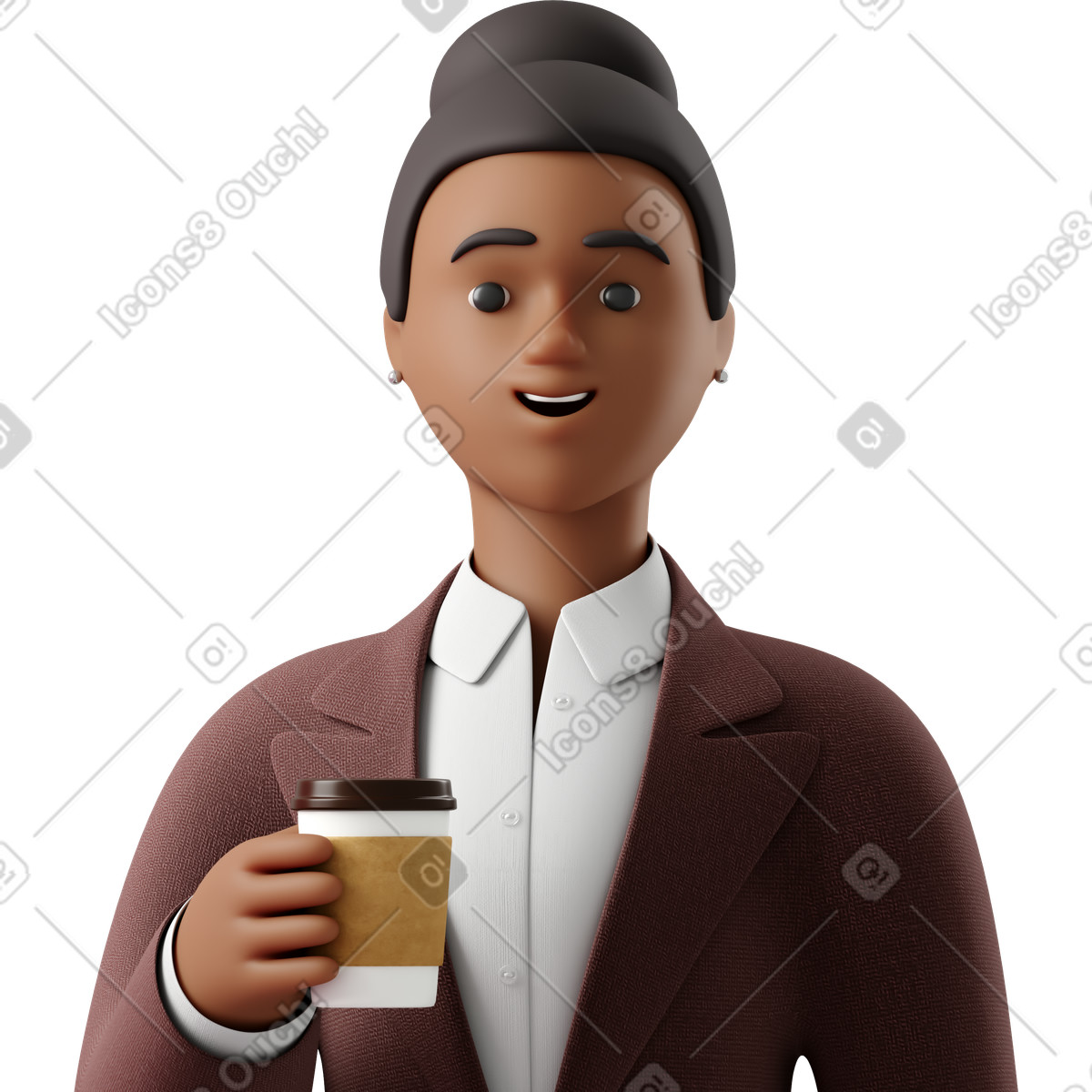 Close up of black businesswoman in brown suit with paper coffee cup illustration 3D Business style download PNG, SVG