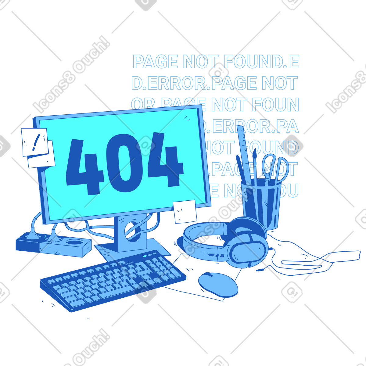 Workspace with monitor displaying error 404, Website maintenance or tech issue illustration in Storyline style download in PNG, SVG