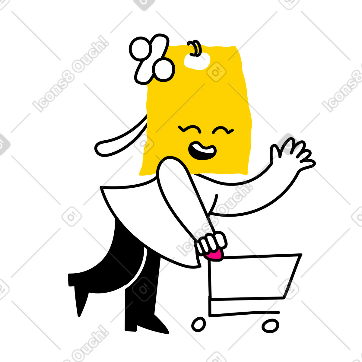 Personaggio con cartellino del prezzo che va a fare shopping illustrazione in stile Giggle scarica in PNG, SVG