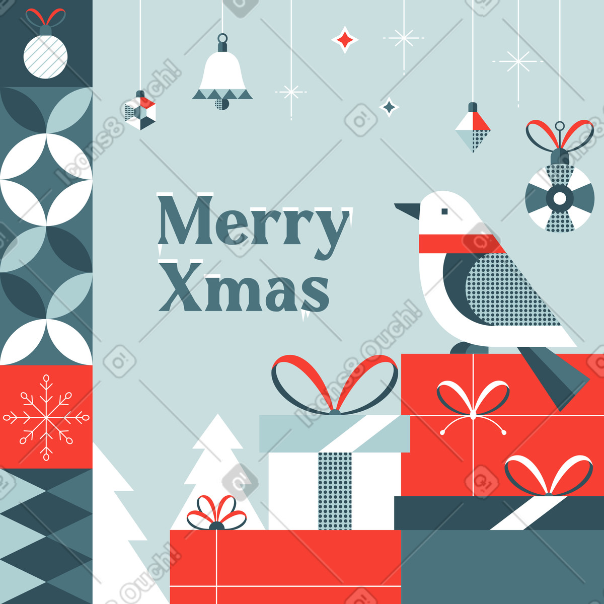 Postcard with bird and Merry Xmas lettering illustration in Nordic style download in PNG, SVG