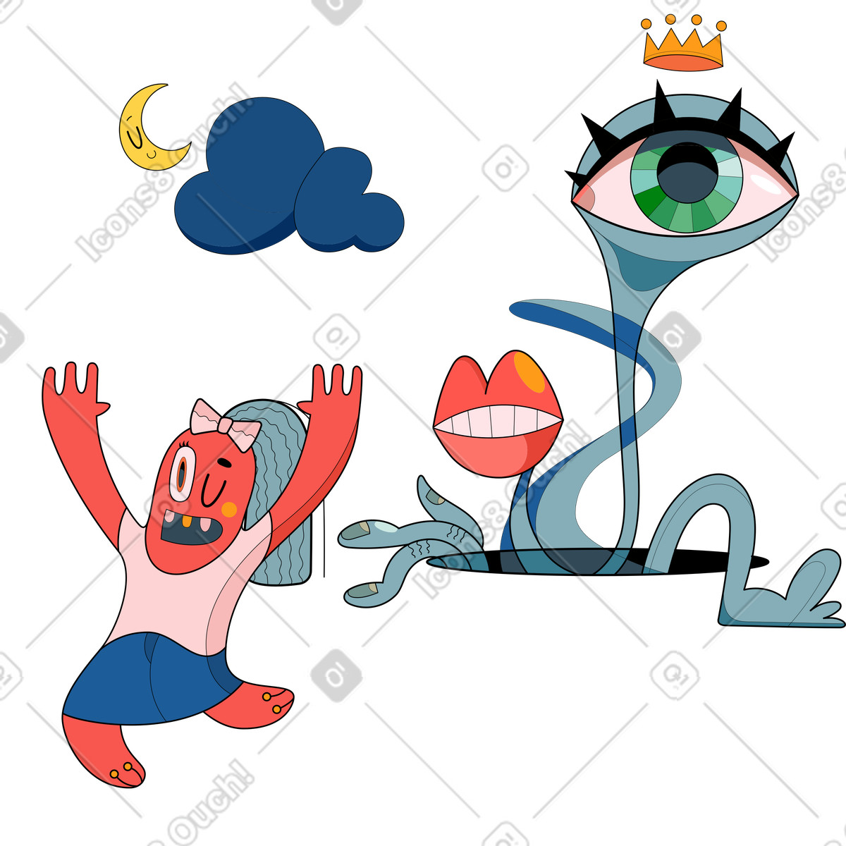Eine figur, die in einem albtraum vor einer gruseligen sache davonläuft-Illustration im Surr-Stil als Download PNG, SVG