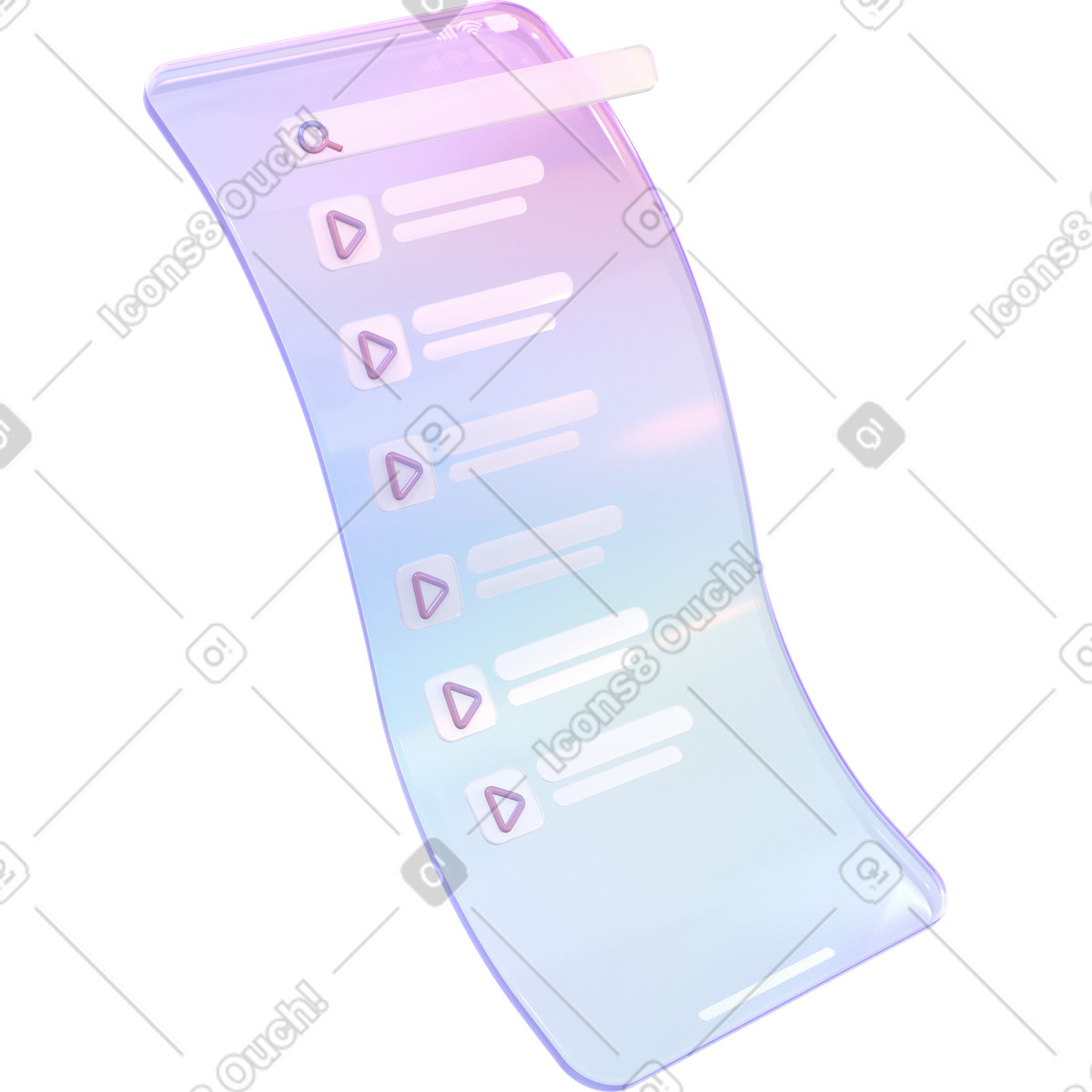 Illustration Long écran flexible avec liste de lecture et barre recherche dans le style 3D Glassy à télécharger aux formats PNG, SVG