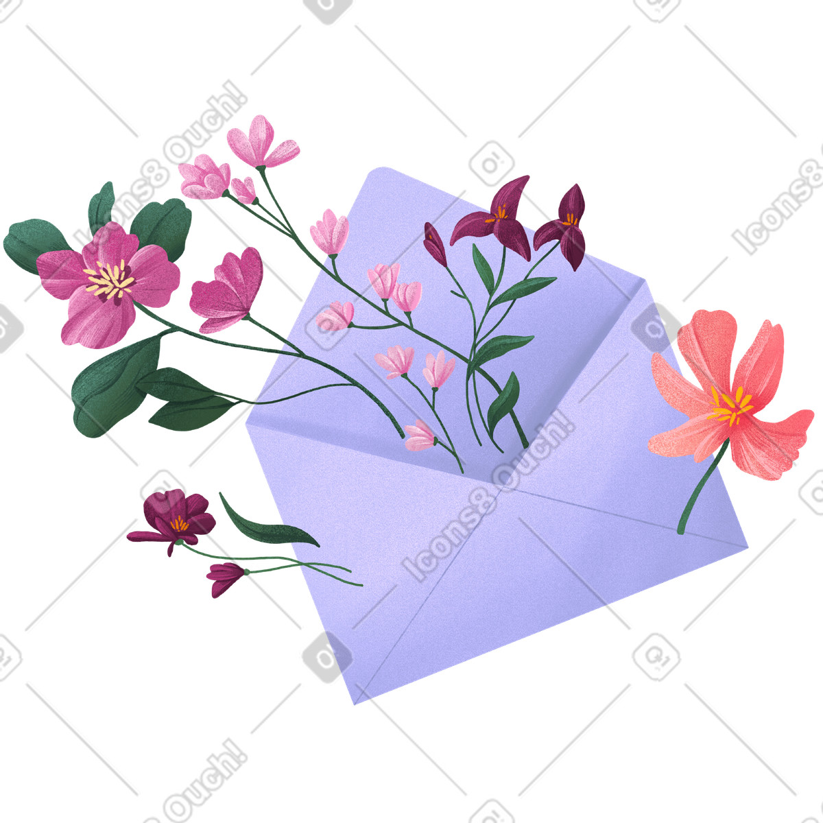 Ilustración Lilac envelope with flowers flying out of it en estilo Floral a descargar en PNG y SVG
