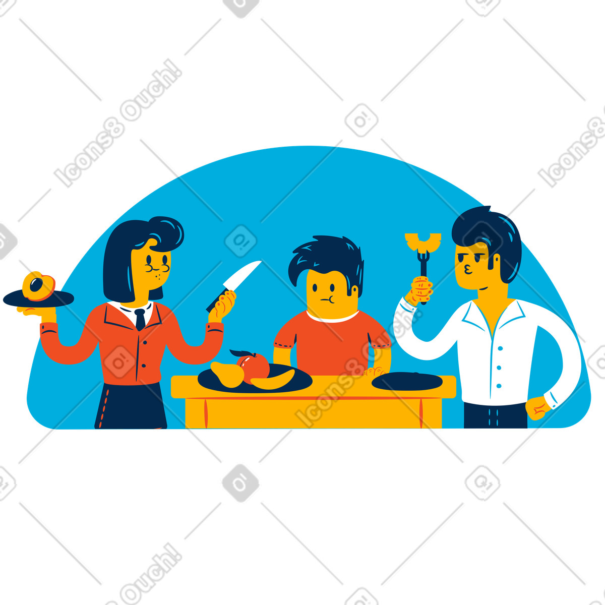 Family dinner with healthy food illustration in Flame style download in PNG, SVG