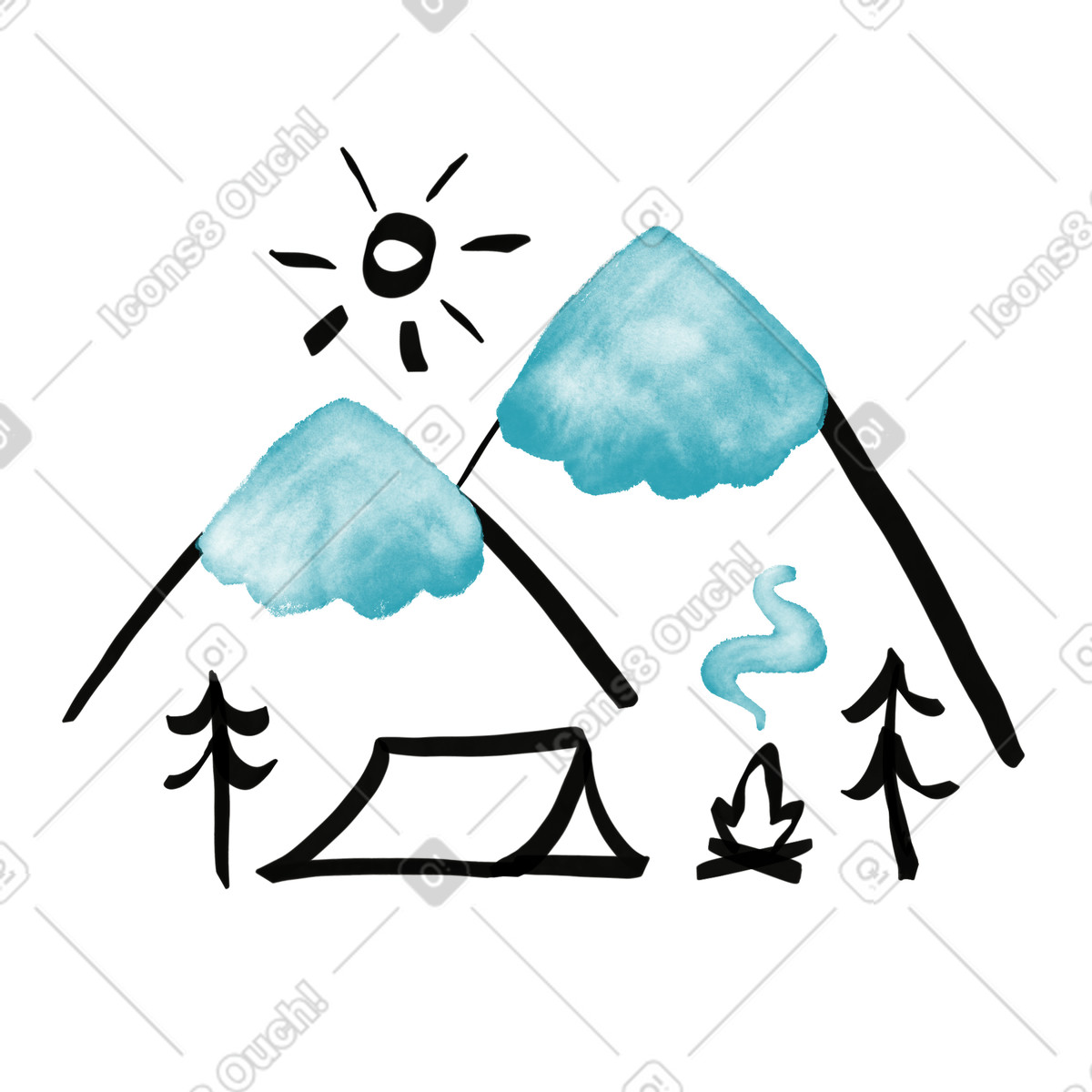 Watercolor sketch 스타일의 Tent camping under snowy mountains with pine trees and sun 일러스트레이션 PNG, SVG 다운로드