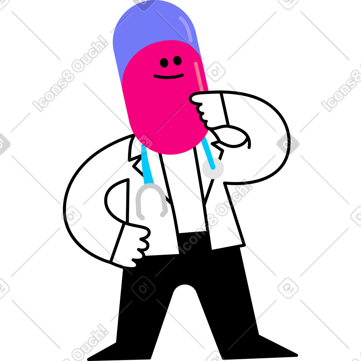 Character doctor with a pill head illustration in Giggle style download in PNG, SVG