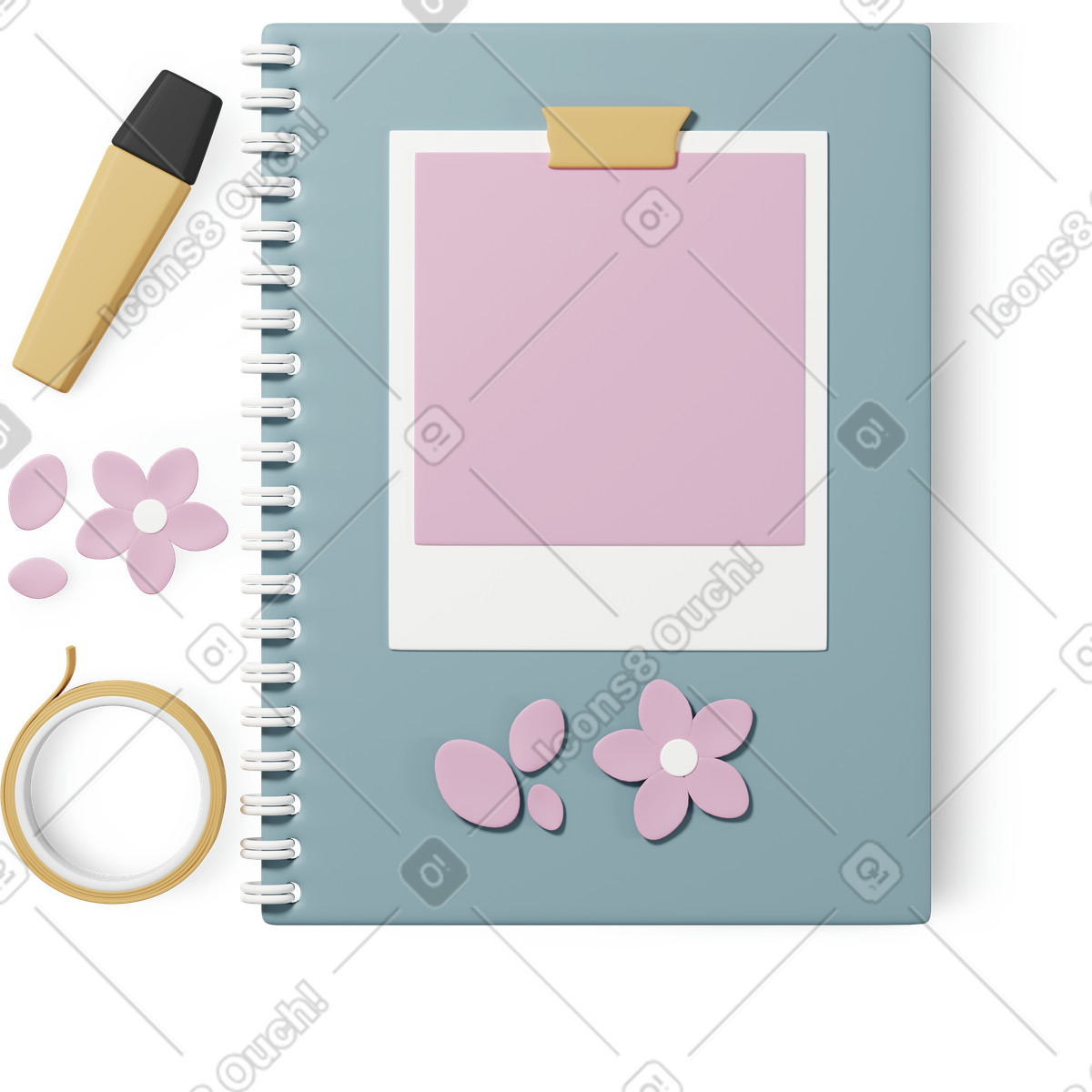 3D Casual life 스타일의 Blue notebook, highlighter pen and tape 일러스트레이션 PNG, SVG 다운로드