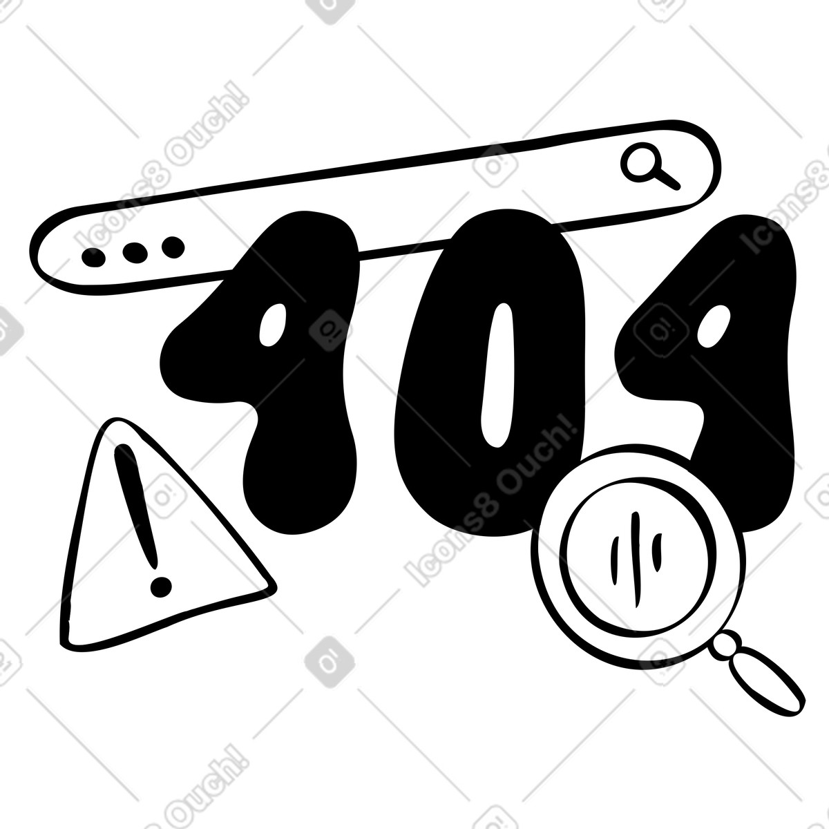 Number 404 with magnifying glass, search bar and exclamation mark, Website error message illustration in Journal style download in PNG, SVG