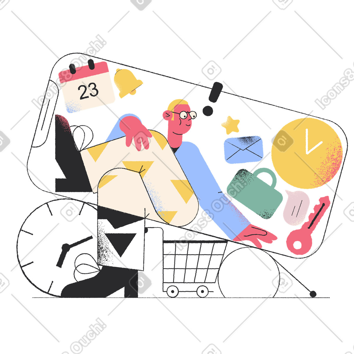 Man organizing office apps on his phone illustration in Pablo style download in PNG, SVG