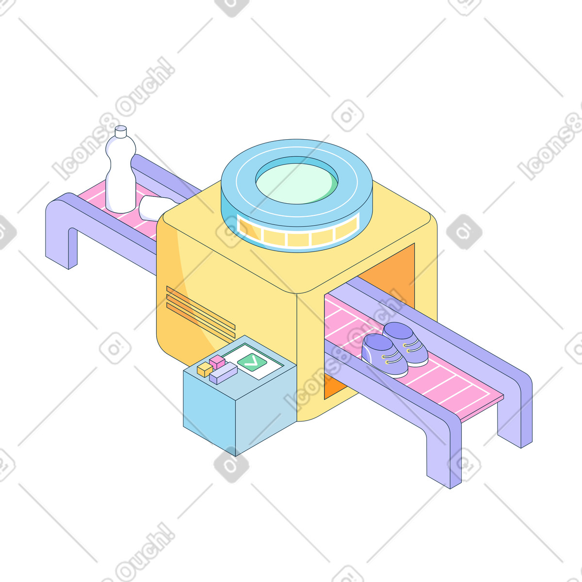 Illustration Convoyeur de recyclage plastique, automatisation des visualisations dans le commerce détail, ligne production intelligente, électronique style Bubble gum à télécharger aux formats PNG, SVG