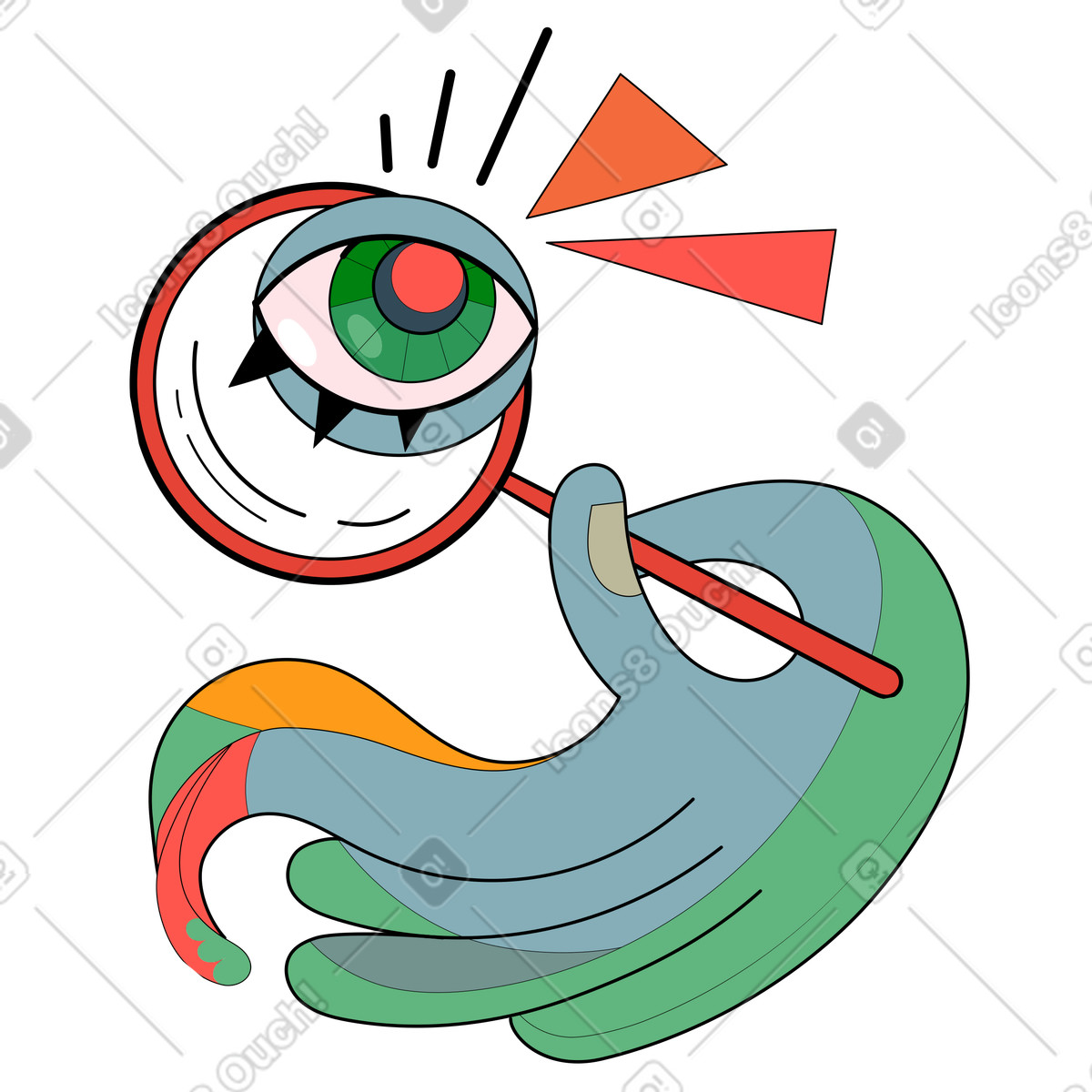 Whimsical hand holding magnifier with observing eye, Search or insight concept-Illustration im Surr-Stil als Download in PNG, SVG