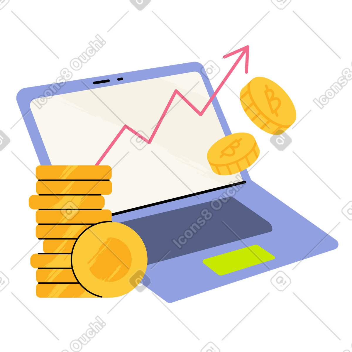 Illustration Digital coins and profit trend on laptop screen, Bitcoin investment returns dans le style Juicy à télécharger aux formats PNG, SVG