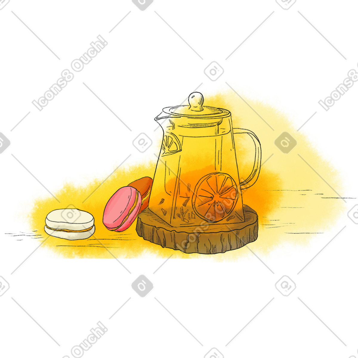 Illustration Théière en verre et trois macarons dans le style Moments à télécharger aux formats PNG, SVG