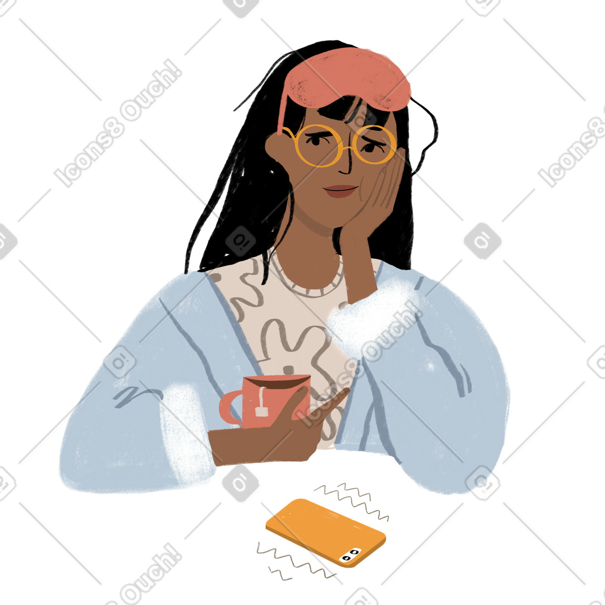 Illustration Tired sleepy girl annoyed by the calling phone dans le style Lumiere à télécharger aux formats PNG, SVG