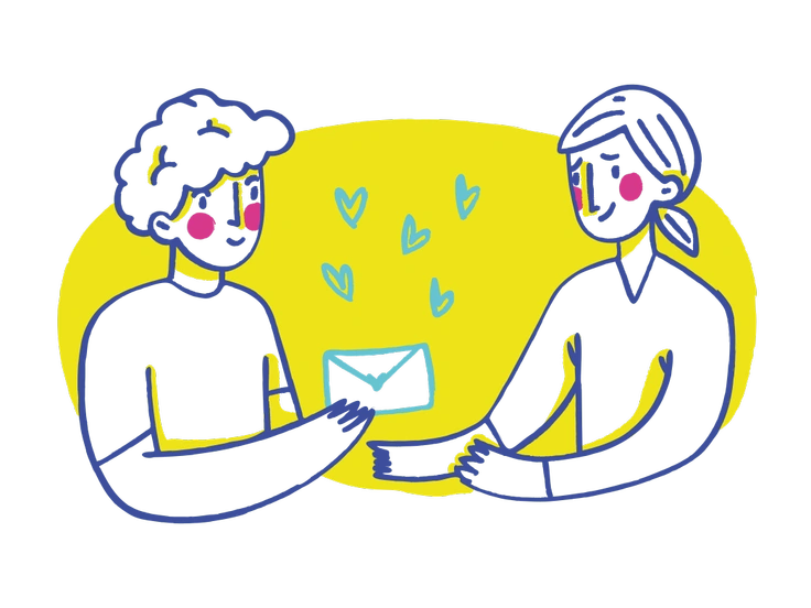 Two people exchanging a letter with hearts - Lime style illustration