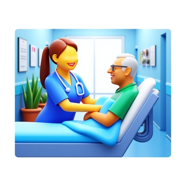 A nurse in scrubs with a stethoscope around her neck is sharing a compassionate smile with a patient sitting on a gurney in a hospital corridor. The nurse has shoulder-length brown hair pulled back in a ponytail. The patient, an elderly man with glasses, looks reassured while holding a blanket. The corridor is brightly lit, with medical charts and equipment positioned along the walls. There are potted plants in the background adding a touch of greenery. The atmosphere conveys warmth and empathy.