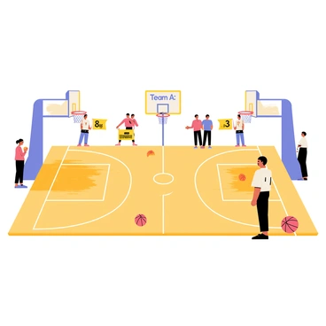 A basketball court with polished wooden flooring and bright white lines marking the boundaries. The court features two basketball hoops at each end, with orange nets. A large scoreboard is positioned above the court, displaying "Team A: 8" and "Team B: 3" in bold numbers. Spectators can be seen in the background, with a few holding banners in support of their teams. There are basketballs scattered around the court, and a referee stands ready near the sidelines.