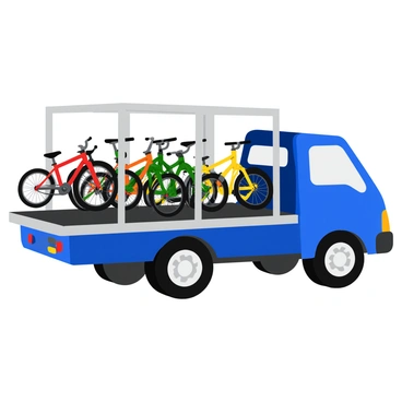 A bright blue truck is parked with its specialized storage rack fully visible. The truck's bed is loaded with several colorful bicycles, including red, green, and yellow ones, securely fastened to the rack. The rack features metallic supports that hold the bicycles upright, showcasing their wheels and handlebars. The truck is shown with its doors open, revealing more space for additional bicycles. The scene is set in an outdoor environment with a clear sky above.
