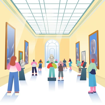A grand museum hallway features high ceilings with ornate architectural details. The walls are adorned with large, classic paintings in elegant frames. In the center of the hallway, several classic sculptures are displayed on pedestals, showcasing intricate designs. Visitors of various ages and backgrounds are scattered throughout the space, some standing still while admiring the art, and others engaged in conversation. Natural light filters in through tall, arched windows, casting soft shadows across the polished marble floor.