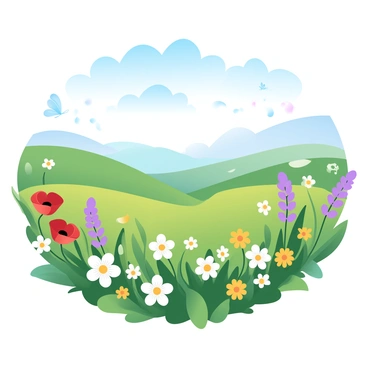A vibrant spring meadow filled with wildflowers in various colors, including red poppies, yellow daisies, and purple lupines. The grass is lush and green, swaying gently in a warm breeze. The wildflowers create a beautiful mosaic across the landscape, with patches of color interspersed throughout the meadow. In the background, rolling hills extend under a clear blue sky with soft clouds drifting by. There is a serene feeling in the atmosphere, with a few butterflies fluttering among the blossoms.