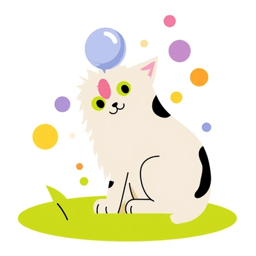 A playful cat with fluffy fur is sitting on a vibrant green grass field. The cat has bright green eyes and an excited expression. Surrounding the cat are numerous colorful bubbles of various sizes, creating a whimsical atmosphere. One large bubble is floating just in front of the cat's nose, reflecting the sunlight. The background features a clear blue sky, adding to the cheerful scene.