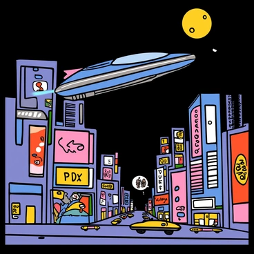 A futuristic express car flying through a neon-lit cityscape at night