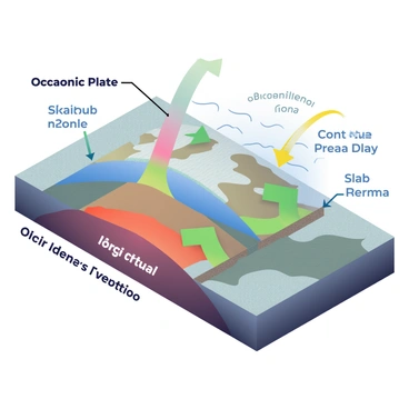 An illustration depicting the subduction process is presented. At the top, a large tectonic plate labeled "Oceanic Plate" is shown descending beneath a second plate labeled "Continental Plate." Clear arrows in various colors illustrate the slab pull direction, pointing downwards to emphasize the movement of the oceanic plate. The oceanic plate is textured with dark blues and greens, while the continental plate has lighter shades, including browns and greens, showcasing the surface terrain. In the background, a schematic representation of the Earth's mantle is slightly visible, with wavy lines indicating the flow of magma. Additionally, there are labels for each plate and arrows that indicate the interaction zones and movement directions.