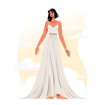 A model wearing a long, flowing gown made of shimmering fabric that cascades elegantly to the ground. The gown has intricate designs that reflect light in soft pastel colors. The model stands confidently with an expression of grace, surrounded by fluffy, white clouds that appear to float around her. Gentle beams of warm, soft light illuminate the scene, enhancing the ethereal quality of the atmosphere. The background features a blend of light hues, creating a dreamy ambiance.