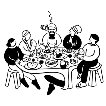 A large table brimming with delicious hobbit meals and mugs of ale, surrounded by merry hobbits