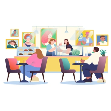 A cozy café is set up inside an art gallery. The café features several small, round tables with dark wood finishes, each accompanied by comfortable, cushioned chairs. On the walls, various art pieces are displayed, including vibrant paintings and intricate sculptures. The artwork includes colorful abstract pieces and classic portraits, creating a visually stimulating environment. Soft, warm lighting illuminates the space, highlighting the textures of the art and the café furniture. A barista is behind the counter preparing drinks, and there are pastries displayed in a glass case nearby. The atmosphere is inviting, with patrons quietly enjoying their beverages while surrounded by creativity.