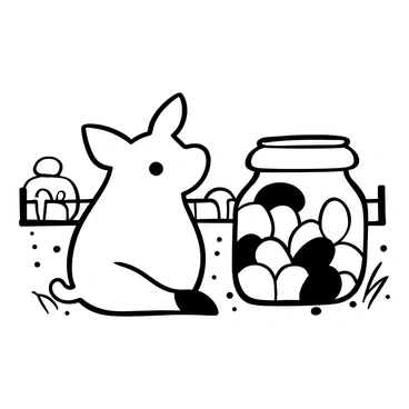 A cute pet pig with a round body is sitting on the ground, looking curiously at a large, glass pickle jar placed in front of it. The jar is filled with pickles, and the pig's ears are perked up, showing interest. The ground around the jar is scattered with small pebbles and blades of grass. The background features a simple outline of a fence and a few scattered hay bales.