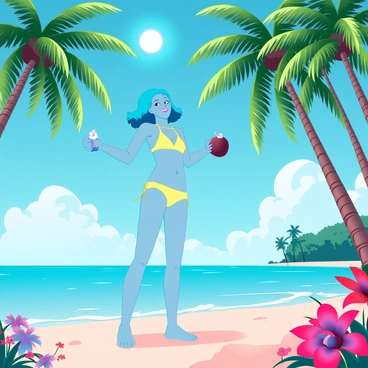 A young anime girl with vibrant blue hair and large expressive eyes is wearing a bright yellow bikini. She is standing on a sandy beach, surrounded by tall green coconut trees swaying gently in the breeze. The sun is shining brightly in a clear blue sky. The girl is smiling as she explores the island, with her arms outstretched, and in one hand, she holds a freshly picked coconut. Colorful tropical flowers are scattered across the landscape, adding to the vibrant atmosphere of the lush, tropical island.