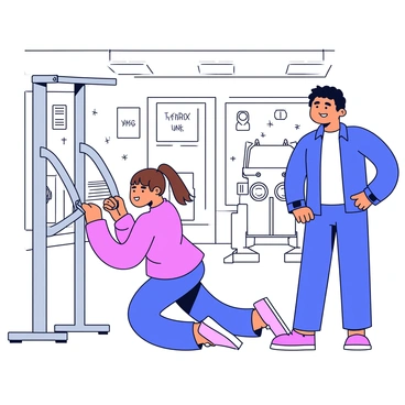 A gym interior with various exercise equipment in the background. A couple is engaged in cable crunches, each taking turns. The first person, a woman with brown hair tied back, is positioned kneeling on the floor in front of a cable machine, pulling the handle down towards her shoulders. The second person, a man with short black hair, stands beside her, waiting for his turn. Both individuals are wearing athletic workout clothing. The cable machine is silver and has adjustable weights. The gym has bright overhead lighting, and there are motivational posters on the walls.