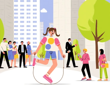 A busy urban street scene with a young girl wearing a colorful t-shirt and shorts, jumping rope on the sidewalk. She has long brown hair tied in two ponytails. In the background, diverse groups of people walk by, including a man in a suit carrying a briefcase, a woman with a shopping bag, and a child holding an ice cream cone. Tall buildings line the street, and there are trees placed on the sidewalk providing some shade. The sun is shining brightly, creating lively shadows on the ground.