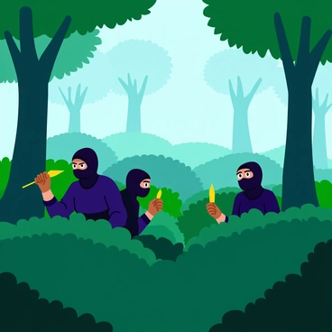 A group of three ninjas dressed in dark, sleek outfits crouch behind thick, green bushes in a dense, misty forest. The forest is filled with tall, slender trees with dark trunks and lush, green leaves that filter the soft, diffused light. The atmosphere is thick with swirling mist that clings to the ground, partially obscuring the forest floor covered in fallen leaves and small branches. Each ninja holds a shuriken, ready for action, with focused expressions on their faces. In the background, silhouettes of more trees vanish into the mist, enhancing the sense of secrecy and stealth.