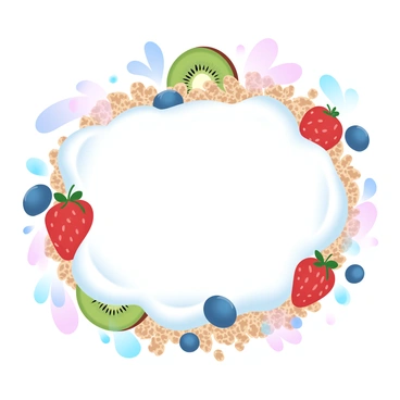 A vibrant recipe card is displayed in the center, featuring the title "Fruit Parfait Recipe" at the top. Surrounding the card are layers of creamy yogurt, crunchy granola, and colorful fruit slices including strawberries, blueberries, and kiwi. The yogurt is shown in soft white layers, contrasting with the golden-brown granola scattered throughout. The fruit pieces add bright splashes of red, blue, and green, creating an inviting and fresh appearance. The entire composition is visually appealing and appetizing.