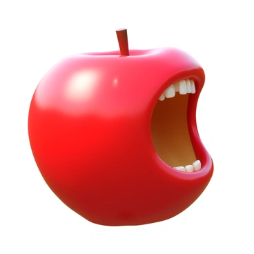 A close-up of a person's mouth with lips slightly parted, positioned about to take a big crunchy bite out of a shiny, red apple. The apple has a bright, glossy surface, reflecting light. The person's teeth are visible as they are about to sink into the apple, showcasing its fresh, crisp texture. Small droplets of water can be seen on the apple, highlighting its juiciness. The background softly blurs to emphasize the action of biting into the apple.