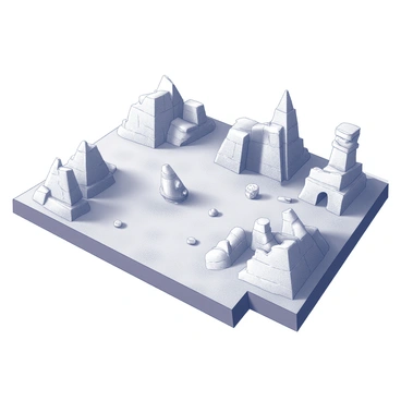 A board game set in a desert environment. The game board features detailed sand dunes, with varying heights and shapes, creating a realistic landscape. Scattered across the board are play pieces representing ancient ruins, such as crumbling stone structures, broken columns, and weathered statues. The ruins have intricate carvings and textures that suggest a long-lost civilization. Small tokens or markers are placed around these ruins, indicating possible actions or outcomes in the game. The overall composition captures the essence of exploration and adventure in a mysterious desert setting.