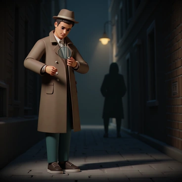 A mystery detective, wearing a classic brown trench coat, stands in a shadowy alley. The detective holds a magnifying glass in one hand, examining a clue on the ground. The alley is lined with old brick walls and dimly lit by a flickering streetlamp. A faint mist hangs in the air, adding to the atmosphere. The detective has a fedora perched on his head, with a serious expression focused on the task at hand. Nearby, a shadowy figure lurks, partially obscured, watching the detective's every move.