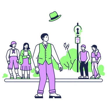 A performer is engaged in a street performance, flipping a hat into the air with precision. The performer has a focused expression and wears a vibrant outfit that includes a fitted vest and tailored pants. There are various spectators surrounding the performer, watching intently, with a mix of expressions on their faces, ranging from amazement to excitement. The hat is mid-air, showcasing its elegant shape as it catches the light. In the background, there are street signs and small trees lining the sidewalk, contributing to the urban atmosphere of the performance.